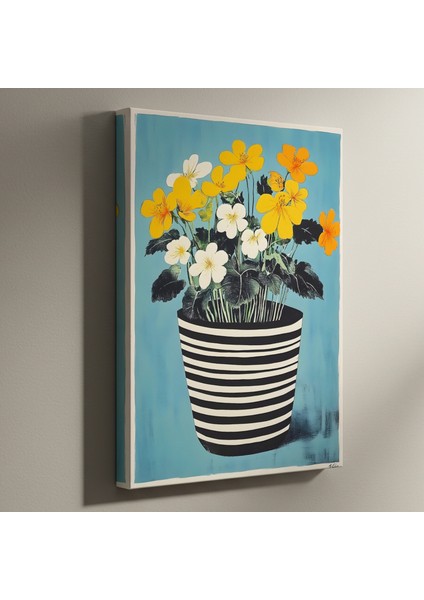 Modern Tarzda Çizgili Saksıda Sarı Beyaz Çiçekler Tablosu