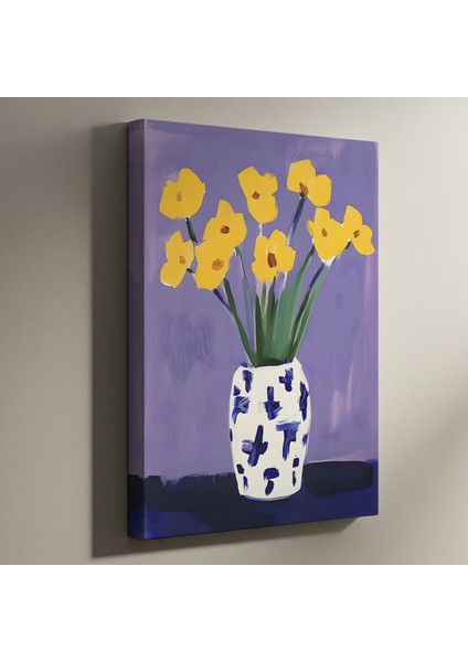 Sarı Çiçekler ve Mavi Beyaz Vazoda Soyut Tablo