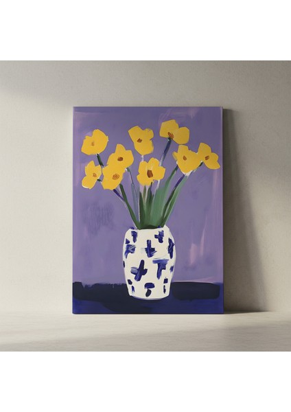 Sarı Çiçekler ve Mavi Beyaz Vazoda Soyut Tablo fiyatları