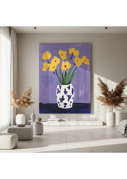 Sarı Çiçekler ve Mavi Beyaz Vazoda Soyut Tablo fırsatları