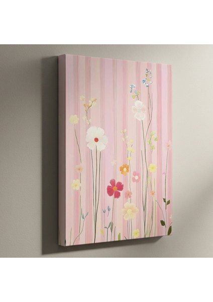 Çizgili Arka Planlı Çiçek Desenli Tablo