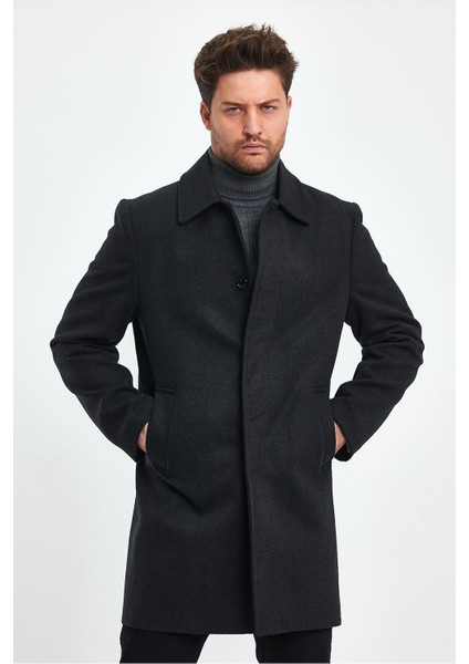 Erkek Antrasit Regular Fit Kaşe Kaban