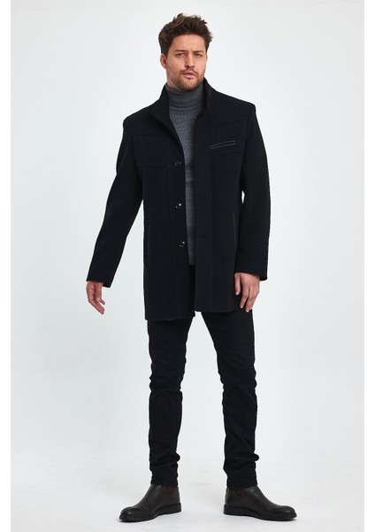 Erkek Slim Fit Siyah Kaşe Kaban