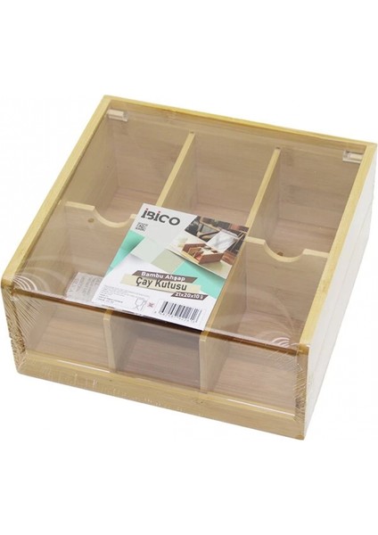 Ahşap Bambu 6 Bölmeli Poşet Çay Kutusu Mika Plastik Kapak 21X20X10CM (4887)
