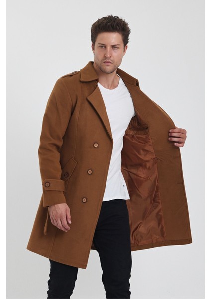 Erkek Taba Kruvaze Yaka Uzun Dar Kalıp Kaşe Kaban modelleri