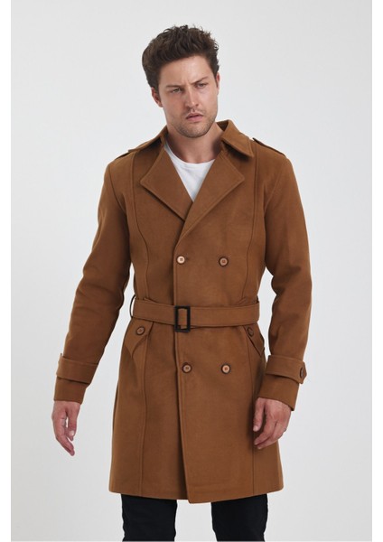 Erkek Taba Kruvaze Yaka Uzun Dar Kalıp Kaşe Kaban fırsatları