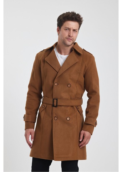 Erkek Taba Kruvaze Yaka Uzun Dar Kalıp Kaşe Kaban