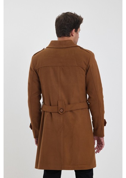 Erkek Taba Kruvaze Yaka Uzun Dar Kalıp Kaşe Kaban