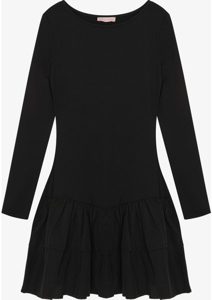 Katlı Fırfırlı Mini Elbise Siyah