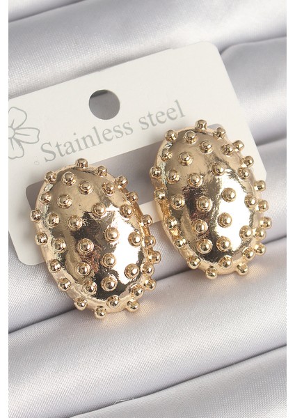 Pirinç Gold Renk Işleme Detaylı Oval Bombe Plaka Model Kadın Küpe - Lisinya