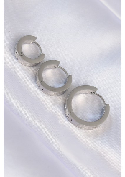 316L Çelik Gümüş Renk Zirkon Taşlı Model 3lü Halka Küpe - Lisinya fiyatları