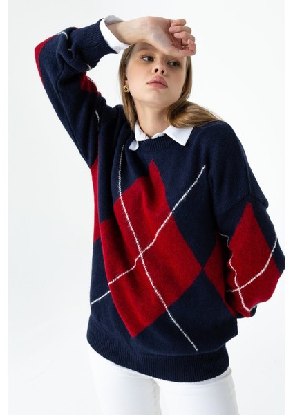 Kadın Bisiklet Yaka Baklava Desenli Triko Kazak Lacivert - 25K 2517