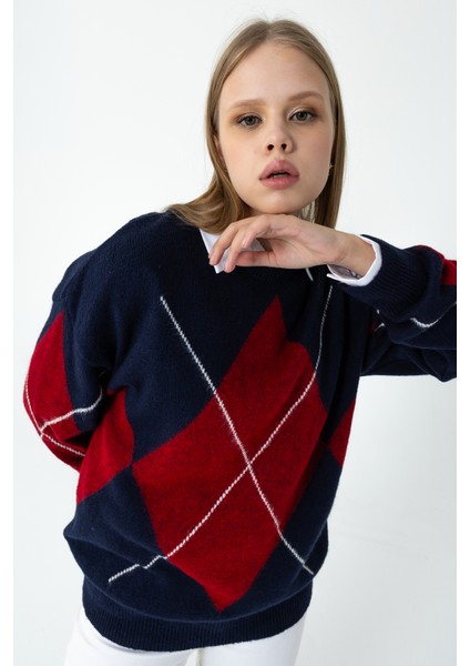 Kadın Bisiklet Yaka Baklava Desenli Triko Kazak Lacivert - 25K 2517 fiyatları