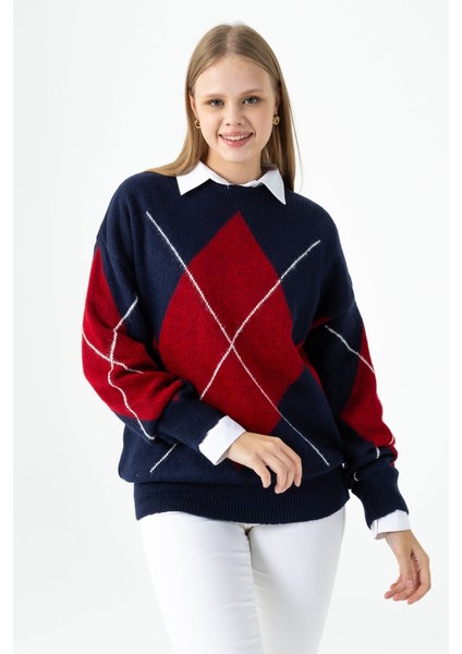 Kadın Bisiklet Yaka Baklava Desenli Triko Kazak Lacivert - 25K 2517 modelleri