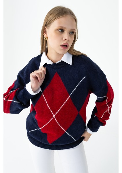 Kadın Bisiklet Yaka Baklava Desenli Triko Kazak Lacivert - 25K 2517 indirimleri