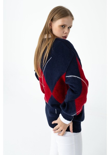 Kadın Bisiklet Yaka Baklava Desenli Triko Kazak Lacivert - 25K 2517