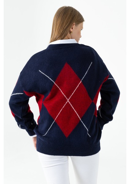 Kadın Bisiklet Yaka Baklava Desenli Triko Kazak Lacivert - 25K 2517