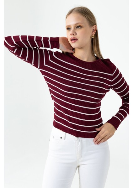 Kadın Bisiklet Yaka Çizgili Desenli Triko Body Bordo - 25K 2059