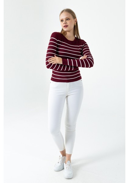 Kadın Bisiklet Yaka Çizgili Desenli Triko Body Bordo - 25K 2059 modelleri