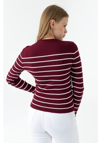 Kadın Bisiklet Yaka Çizgili Desenli Triko Body Bordo - 25K 2059 fırsatları