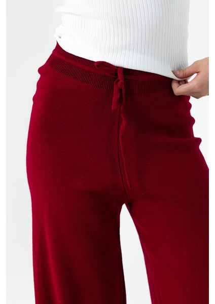 Kadın Beli Lastikli Bağlama Detaylı Yüksek Bel Triko Pantolon Bordo - 25K 2251