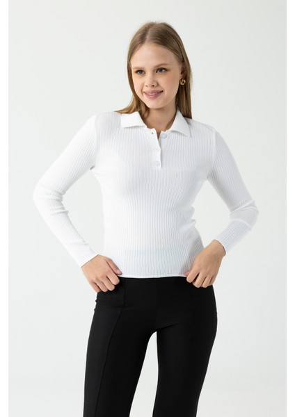 Kadın Polo Yaka Düğme Detaylı Fitilli Triko Body Beyaz - 25K 2057 fiyatları