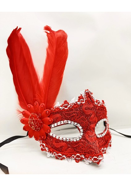 Kırmızı Renk Tüylü Dantelli Gözleri Taşlı Balo Parti Maskesi - Lisinya fiyatları