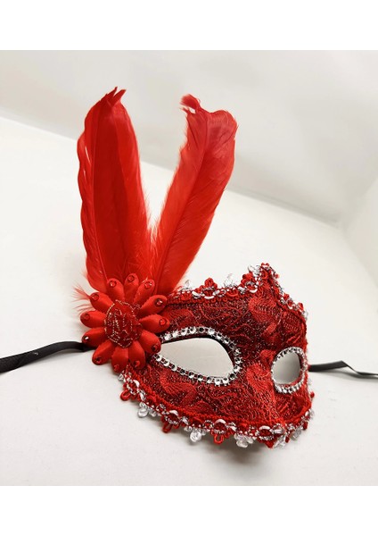 Kırmızı Renk Tüylü Dantelli Gözleri Taşlı Balo Parti Maskesi - Lisinya fırsatları