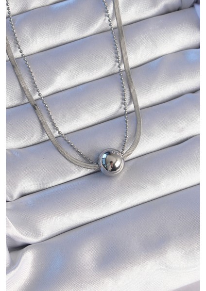 316L Çelik Çift Zincirli Gümüş Renk Topçuk Italyan Model Kolye - Lisinya