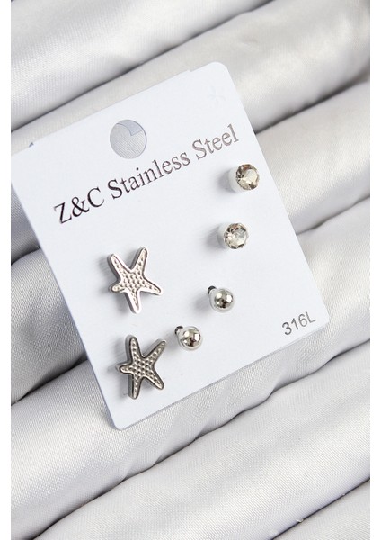 316L Çelik Zirkon Taşlı Deniz Yıldızı Model Gümüş Renk Kadın Set Küpe - Lisinya
