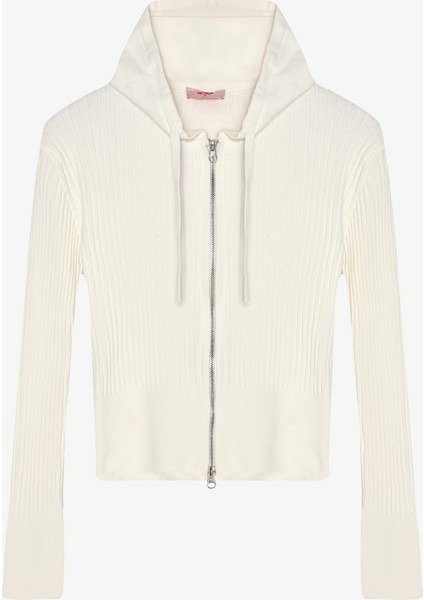 Fermuarlı Kapüşonlu Triko Hırka Ekru