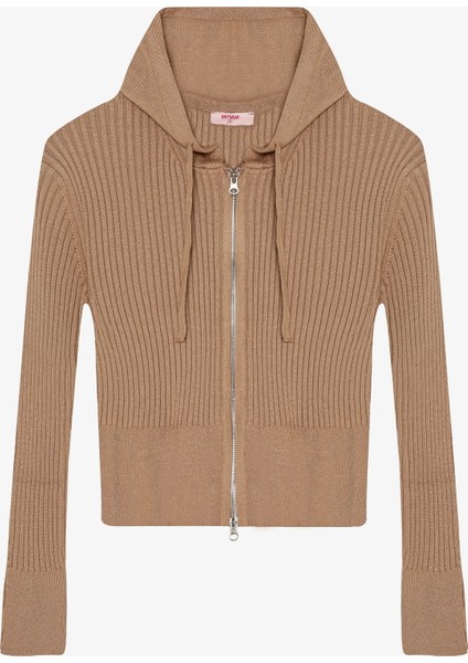 Fermuarlı Kapüşonlu Triko Hırka Vizon