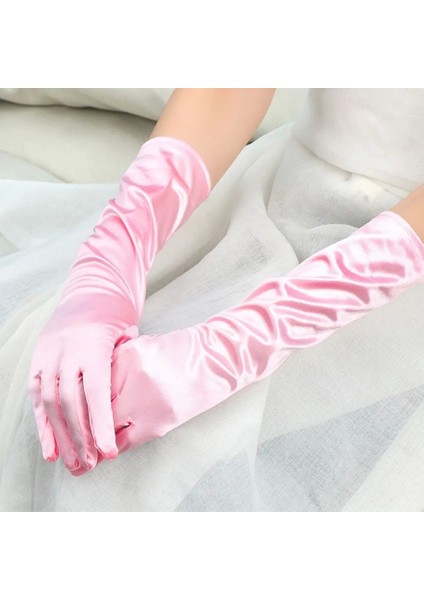 Uzun Boy Ekstra Parlak Saten Eldiven Pembe Renk - Lisinya
