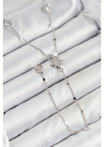 Pirinç Zirkon Taşlı Kutup Yıldızı Model Gümüş Renk Y Kolye - Lisinya