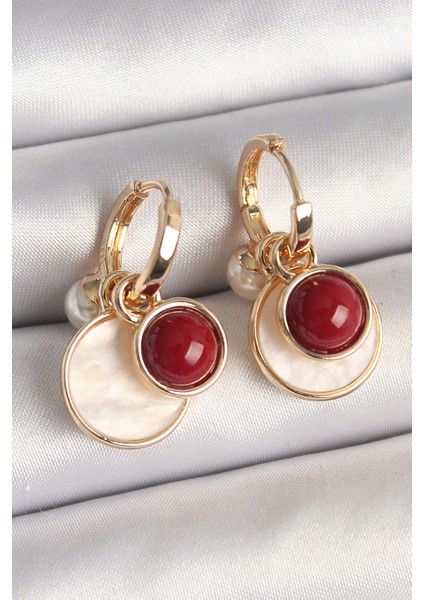 Pirinç Gold Renk Sallantı Beyaz Mineli Bordo Detay Kadın Küpe - TJ-BKP10362