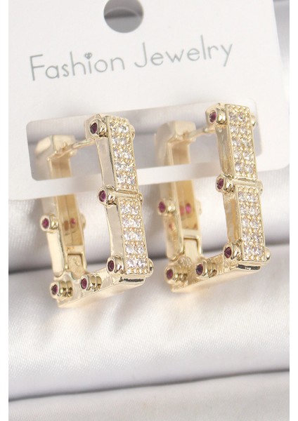 Pirinç Gold Renk Kare Zirkon Taşlı Kadın Küpe - TJ-BKP10373