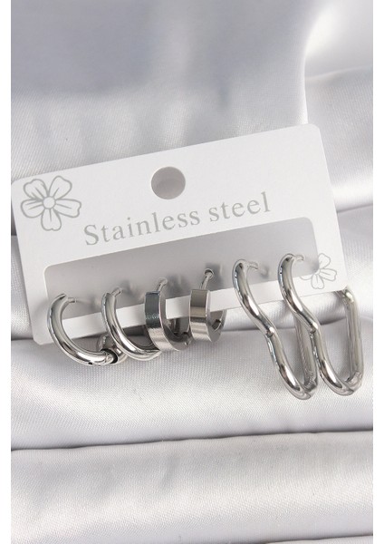 316L Çelik Gümüş Renk Kalp Halka Model Kadın Küpe Seti - TJ-BKP10381