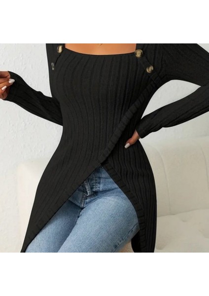 Kadın Uzun Kollu Derin Kare Yaka Düğme Detay Şardonlu Kaşkorse Kruvaze Bluz