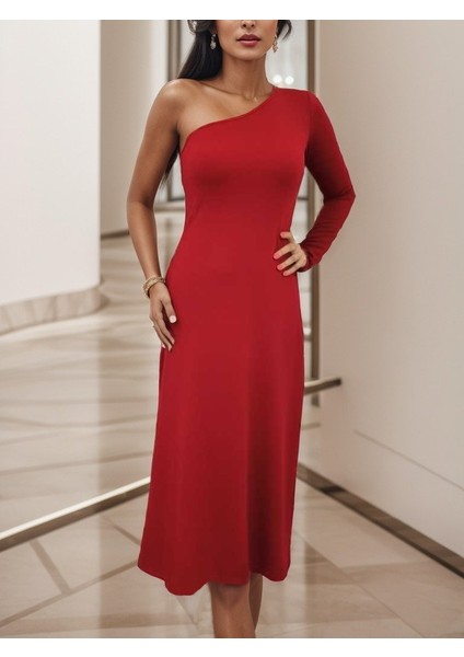 Kadın Uzun Kollu Tek Omuz Detay Krep Elbise