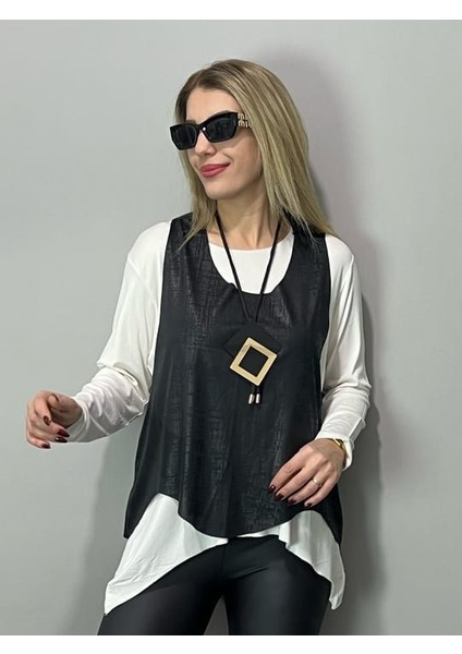 Kadın Siyah Deri Yelekli Kolye Dahil Üçlü Takım