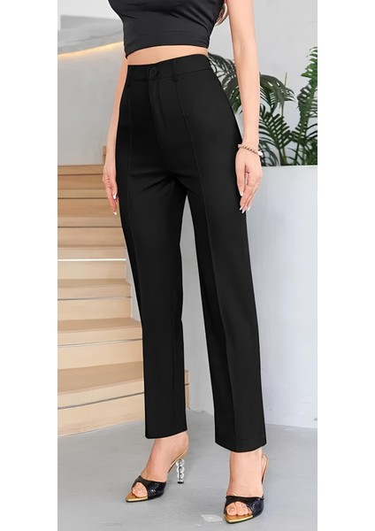 Kadın Yüksek Bel Cepli Önden Çimalı Dokuma Çanta Pantolon modelleri