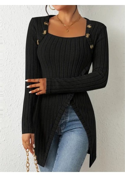 Kadın Uzun Kollu Derin Kare Yaka Düğme Detay Şardonlu Kaşkorse Kruvaze Bluz fırsatları