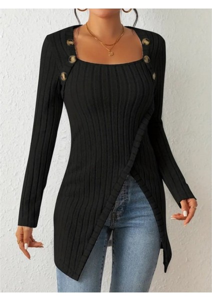 Kadın Uzun Kollu Derin Kare Yaka Düğme Detay Şardonlu Kaşkorse Kruvaze Bluz