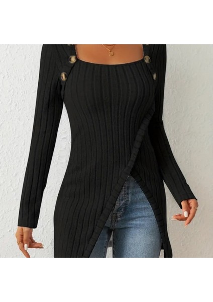 Kadın Uzun Kollu Derin Kare Yaka Düğme Detay Şardonlu Kaşkorse Kruvaze Bluz