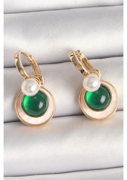 Pirinç Gold Renk Beyaz Yeşil Sallantı Mineli Kadın Küpe - TJ-BKP10363