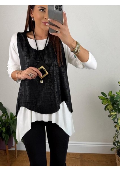 Kadın Siyah Deri Yelekli Kolye Dahil Üçlü Takım