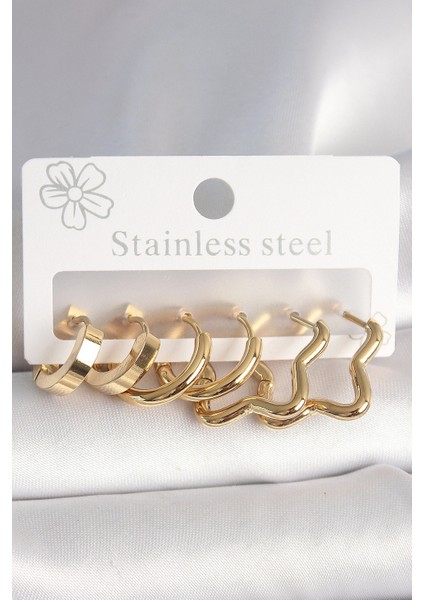 316L Çelik Gold Renk Yıldız Halka Model Kadın Küpe Seti - TJ-BKP10392