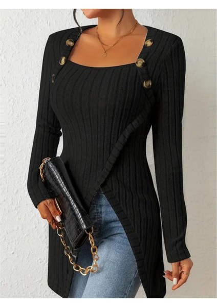 Kadın Uzun Kollu Derin Kare Yaka Düğme Detay Şardonlu Kaşkorse Kruvaze Bluz fiyatları