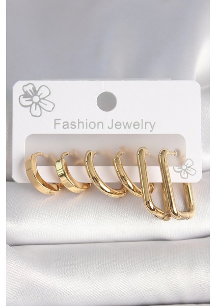 316L Çelik Gold Renk Kare Halka Model Kadın Küpe Seti - TJ-BKP10389