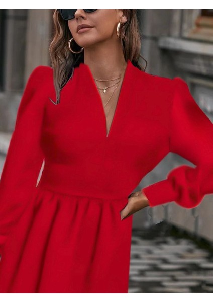 Kadın Uzun Kollu V Yaka Belden Hafif Pileli Scuba Krep Mini Boy Elbise fiyatları